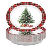 Greencian 50Pcs Christmas Oval Paper Plates 10" x 12" Large Disposable Red Black Christmas Tree Gingham Paper Platters Buffalo Plaid Dessert Plates for Winter Xmas Theme Party Supplies