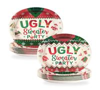 Greencian 50Pcs Christmas Sweater Oval Plates 10” x 12” Large Ugly Sweater Party Heavy Duty Plates Christmas Disposable Platters Tableware for Winter Holiday Xmas Party Decorations