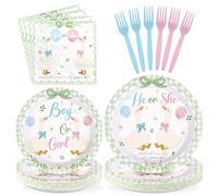 Greencian 96 Pcs Green Goose Gender Reveal Party Decorations, Serves 24 | Green Gingham Goose Plates and Napkins Goose He or She Tableware Set for Baby Gender Reveal Party Supplies