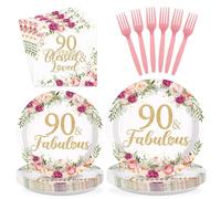 Greencian 96Pcs 90th Birthday Decorations for Women Rose Gold Floral Party Plates and Napkins Disposable 90th Birthday Gifts Tableware Set for Women Fabulous Party Decorations Serves 24