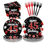 Greencian 96Pcs Black Red 45th Birthday Decorations - Black and Red Plates and Napkins Happy Birthday Party Disposable Tableware for 1980 Women Men Vintage 45th Birthdays Party Decorations Serves 24