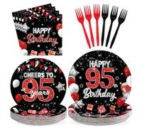 Greencian 96Pcs Black Red 95th Birthday Decorations - Black and Red Plates and Napkins Happy Birthday Party Disposable Tableware for 1930 Women Men Vintage 95th Birthdays Party Decorations Serves 24