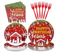 Greencian 96Pcs Christmas Happy Birthday Jesus Party Supplies Red Jesus's Birthday Party Plates and Napkins Disposable Christmas Nativity Tableware Set for Xmas Winter Holiday Decorations Serves 24