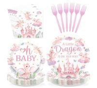 Greencian 96Pcs Dragon Baby Shower Decorations A Little Dragon Is On Her Way Plates and Napkins Pink Dragon Decoration Favors for Girls Baby Shower Gender Reveal Party Supplies Serves 24