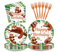 Greencian 96Pcs Red Panda Birthday Party Decorations Cute Red Panda Bamboo Plates and Napkins Cute Animal Tableware Set for Boys Girls Birthday Baby Shower Zoo Themed Party Supplies, Serves 24