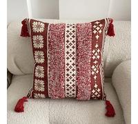 GreenCloak Boho Decorative Throw Pillow Covers, Tufted Cotton with Tassels, Geometric Pattern, Multi-Colour (Red, 18" x 18"(pack of 2))