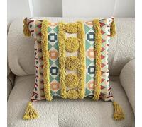 GreenCloak Boho Decorative Throw Pillow Covers, Tufted Cotton with Tassels, Geometric Pattern, Multi-Colour (Yellow and Orange, 18" x 18"(pack of 2))