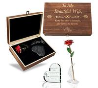 GreenCor Valentines Day Gifts for Wife | Her | Women Engraved Wooden Gift Set 'to My Beautiful Wife' Includes Crystal Engraved Heart | 24K Gold Dipped Rose for Birthday Gifts & Valentines Day
