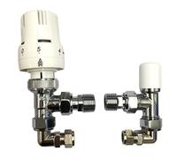 Greened House 1/2" to 10mm White Angled TRV Thermostatic Radiator Valve | 90 Degree Pipe Connector, 1/2" / 10mm, TRV + Lock shield Set