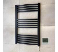 Greened House 500w x 800h Black Electric Curved Heated Towel Rail Bathroom Radiator + Timer and Room Thermostat