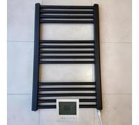 Greened House 500w x 800h Black Electric Straight Heated Bathroom Towel Rail + Timer and Room Thermostat