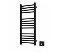 Greened House Black Electric Heated Towel Rail 300mm W x 720 H with Built in Timer Matt Black Energy Efficient