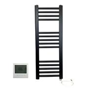 Greened House Black Electric Heated Towel Rail 300mm W x 800mm H + Timer | Includes 7 Day Timer/Thermostat, Flat, Bathroom, Straight, Towel Warmer