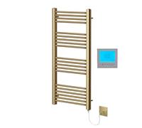 Greened House Brushed Brass Electric Towel Rail 500mm W x 1200mm H + Timer | Includes 7 Day Timer/Thermostat, Heated, Flat, Bathroom, Straight, Towel Warmer