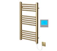 Greened House Brushed Brass Electric Towel Rail 500mm W x 800mm H + Timer | Includes 7 Day Timer/Thermostat, Heated, Flat, Bathroom, Straight, Towel Warmer