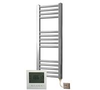 Greened House Electric Chrome 400W x 1000H Flat Towel Rail + Timer and Room Thermostat Bathroom Towel Rails