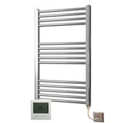 Greened House Electric Chrome 500W x 800H Curved Towel Rail + Timer and Room Thermostat Bathroom Towel Rails