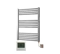 Greened House Electric Chrome 600W x 800H Flat Towel Rail + Timer and Room Thermostat Bathroom Towel Rails