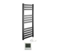 Greened House VAS 500 x 960mm Designer Black Electric Towel Warmer Flat Panel Towel Rail + Timer and Room Thermostat