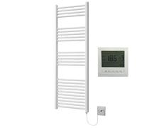 Greened House White Electric Towel Rail Straight 400mm W x 1200mm H + Timer | Includes 7 Day Timer/Thermostat, Heated, Bathroom Radiator, Towel Warmer, Flat, Straight