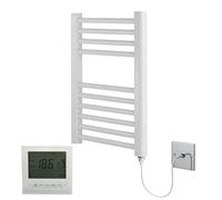 Greened House White Electric Towel Rail Straight 400mm W x 600mm H + Timer | Includes 7 Day Timer/Thermostat, Heated, Bathroom Radiator, Towel Warmer, Flat, Straight