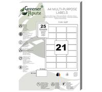 Greener Route 21 Self-Adhesive Address Labels per A4 Sheet 63.5x38.1mm | 25 Sheets, 525 Multi-Purpose Sticky Labels, White | FSC Recycled & Sustainable Materials | Laser, Colour Copier, Inkjet