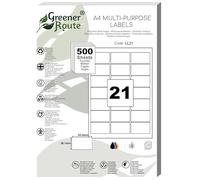 Greener Route 21 Self-Adhesive Address Labels per A4 Sheet 63.5x38.1mm | 500 Sheets, 10500 Multi-Purpose Sticky Labels, White | FSC Recycled & Sustainable Materials | Laser, Colour Copier, Inkjet