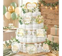 Greenery Diaper Cake Decor Kit Green Leaf Print for Baby Shower Party | Green Leaf Print Ribbon and Baby Shower Cutouts Neutral Decor Supplies for Baby Shower and Gender Reveal Party