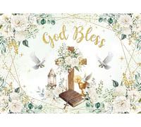 Greenery God Bless Backdrop 7x5FT Baptism Party Decorations Green Eucalyptus First Holy Communion Background Holy Christening Baby Shower Party Banner Decorations Supplies Photo Props