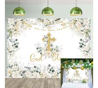 Greenery God Bless Backdrop Green and Gold Baptism Photography Backdrop First Holy Communion Party Decorations Baby Shower Background (7x5FT（210x150cm）)