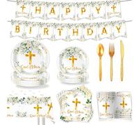 Greenery God Bless Decoration, Tableware Set Green and Gold Baptism Theme Paper Plates for Baby Shower First Holy Communion Party Supplies