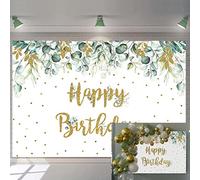 Greenery Happy Birthday Backdrop Gold and Green Eucalyptus Leaves Party Decorations Green Leaves Newborn Baby Shower Photography Background Photo Booth 8X6FT(96x72 inch)