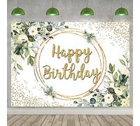 Greenery Happy Birthday Backdrop Green and Gold Eucalyptus Green Leaves Photography Backdrop Safari Jungle Girl Women Baby Shower Birthday Party Decor Background (8X6FT(240x180cm))