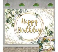 Greenery Happy Birthday Backdrop Green and Gold Eucalyptus Green Leaves Photography Backdrop Safari Jungle Girl Women Baby Shower Birthday Party Decor Background (7X5FT(210x150cm))
