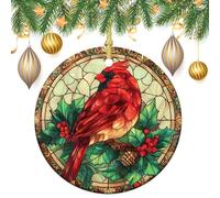Greenery Red Berries Bird Stained Glass Christmas Tree Hanging Ornaments,2 Pieces, 7.2CM Round Double-Sided