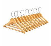 Greenfields 10 Pack Premium Wooden Clothes Hangers with Wide Shoulder Contour & Notches, 360° Swivel Hook, Anti-Slip Trouser Bar, Space Saving Slim Coat Hangers Suits Jackets Coats Dresses, Natural