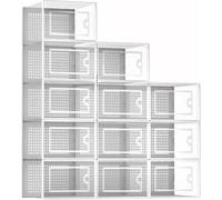 Greenfields 12 Pack Transparent Clear Hard Plastic Stackable Shoe Box Organiser - DIY, Craft Bins, Organisers, Containers, Sturdy and Durable Space Saving, Ventilated with Box Lids (White)