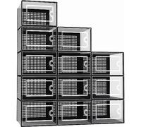 Greenfields 12 Pack Transparent Clear Hard Plastic Stackable Shoe Box Organiser - DIY, Craft Bins, Organisers, Containers, Sturdy and Durable Space Saving, Ventilated with Box Lids (Black)