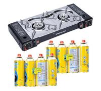 Camping Gas Stove Strong and Durable 2-Burner Stove - Cooktop Multiple Protection Portable Gas Range for Outdoor BBQ Grill Camping - Intake Grill Aluminium (Gas Stove + 8 Gas)