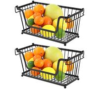 Greenfields® 2 Pack Black Multi-Purpose Stackable Storage Wire Basket Stacking Shelves Fruit Vegetable Kitchen Bathroom Rack Stand Organiser With Handles