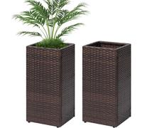 Greenfields 2 Pack Rattan Wicker Planters with Removable Liner - Tall Cubic Flower Pots for Outdoor and Indoor Use - Large Weather Resistant and Easy Assembly Planters for Garden, Patio, Yard (Brown)