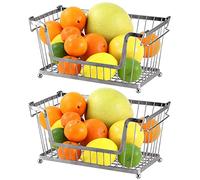 Greenfields® 2 Pack Silver Multi-Purpose Stackable Storage Wire Basket Stacking Shelves Fruit Vegetable Kitchen Bathroom Rack Stand Organiser With Handles
