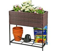 Greenfields 2 Tier Raised Garden Bed - Rattan Wicker Plant Bed Elevated Portable Planter Box with Tool Storage Shelf for Herbs, Vegetables, Fruits and Herbs - 70cm (H) x 70cm (W) x 30.5cm (D)