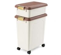 Greenfields 2 Tier Stackable Pet Food Storage Container Set, 12L and 40L Dry Food Bins with Secure Buckles, Sealing Strips, Scoop and Caster Wheels for Dog Food, Cat Food, Treats and Bird Seed - Brown