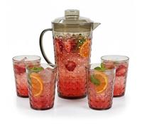 Greenfields 2L Plastic Pitcher and 4 Cups Set, BPA Free Shatterproof Water Jug with Lid, Grey Bubble Design Drinkware for Juice, Lemonade, Iced Tea, Cocktails and Outdoor Dining