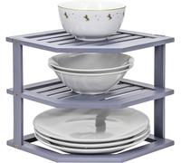 3 Tier Corner Shelf Cabinet Organiser - Plate Rack Countertop for Kitchen, Bathroom, Cupboard, Pantries - Shelf Insert Storage Organisation - Plate Organiser (Grey)