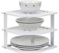 Greenfields 3 Tier Corner Shelf Cabinet Organiser - Plate Rack Countertop for Kitchen, Bathroom, Cupboard, Pantries - Shelf Insert Storage Organisation - Plate Organiser (White)