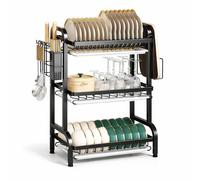 Greenfields 3 Tier Dish Drying Rack with Drainboard Trays, Stainless Steel Kitchen Dish Drainer for Plates Bowls Cups & Glasses, Cutlery Holder, Knife & Chopping Board Holder, Space Saving Countertop