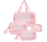 Greenfields 4 Pcs Clear Toiletries Bag Set - Waterproof PVC Makeup & Cosmetic Organiser with Dual Zippers, Transparent Travel Pouch Set for Women & Girls, Multi-Size Storage for Travel (Pink)