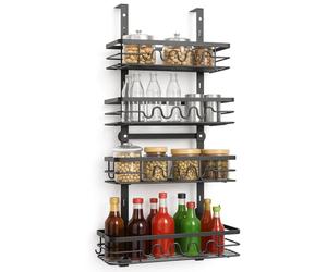Greenfields 4 Tier Over Door Pantry Organiser - Adjustable Metal Hanging Storage Rack with Removable Baskets - Heavy Duty Wall Mount Spice Rack for Kitchen, Bathroom & Utility Room